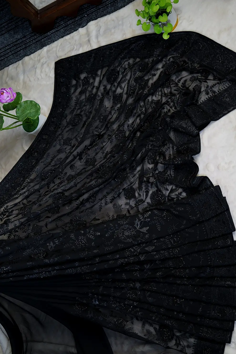 Black Glass Stone Work Chiffon Saree – Top Notch Premium Party Wear